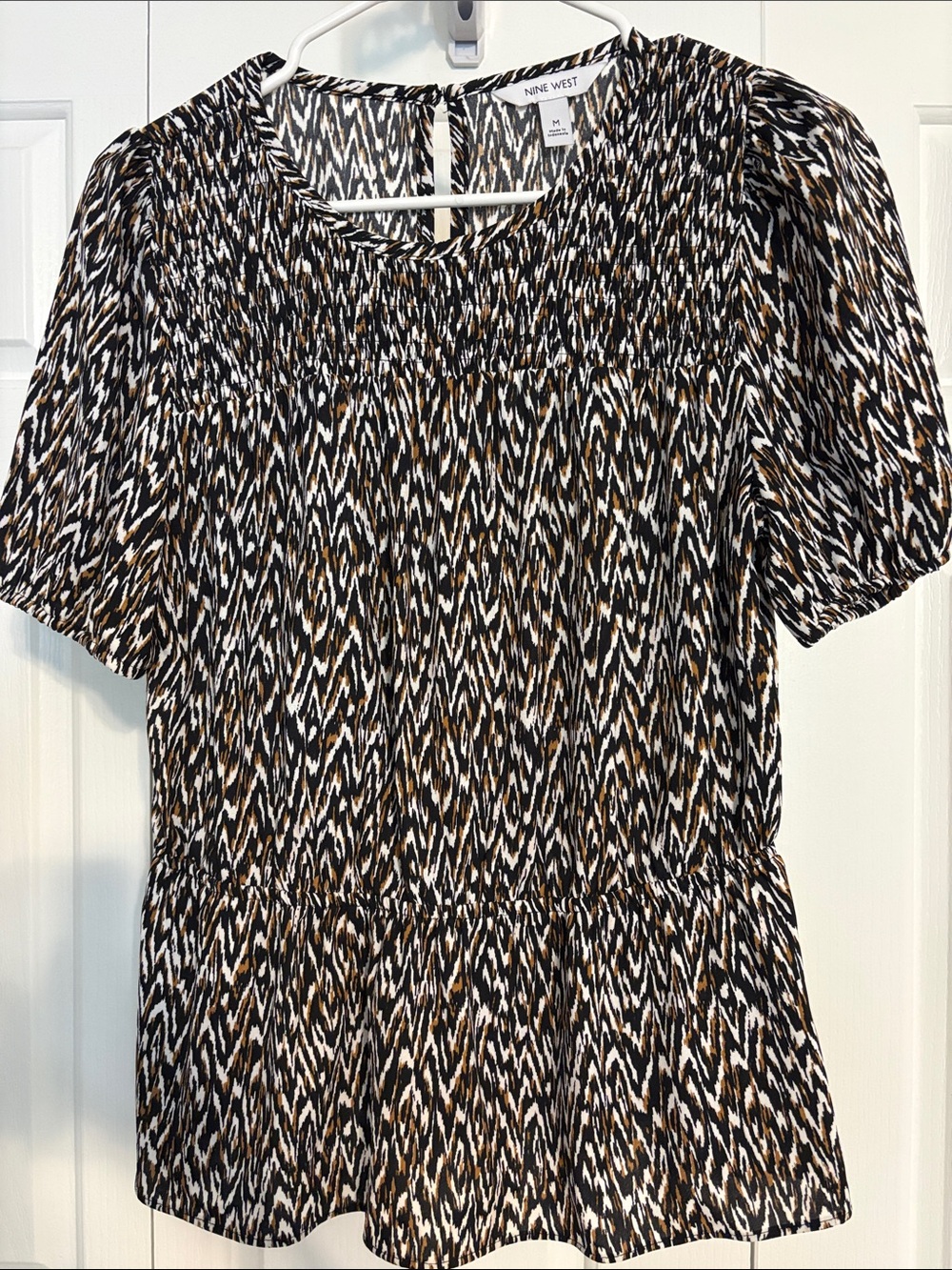 Nine West Black White and Brown Abstract Peplum Blouse